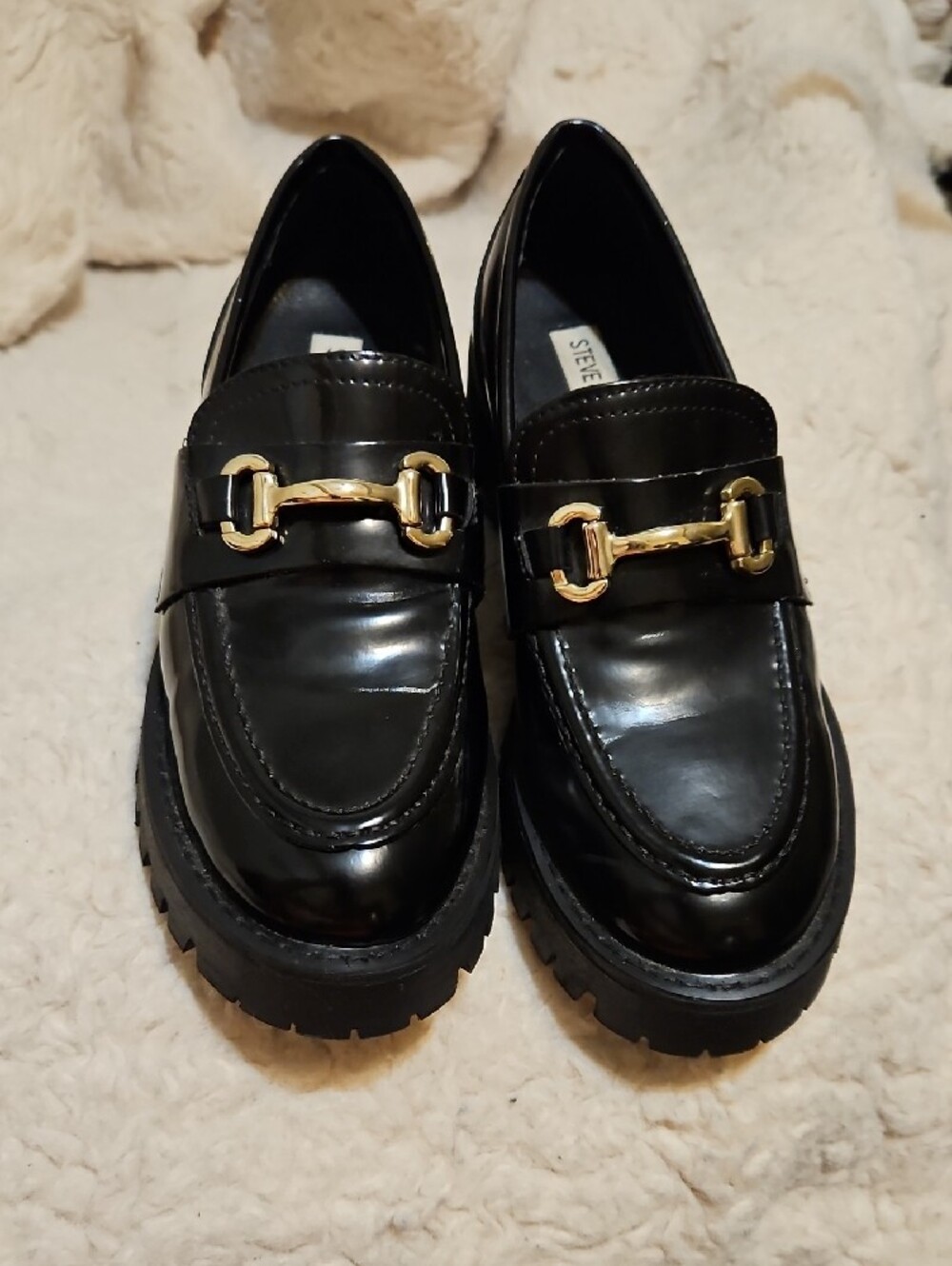 Steve Madden Black Patent Loafers with Gold Buckle - Picture 2 of 7